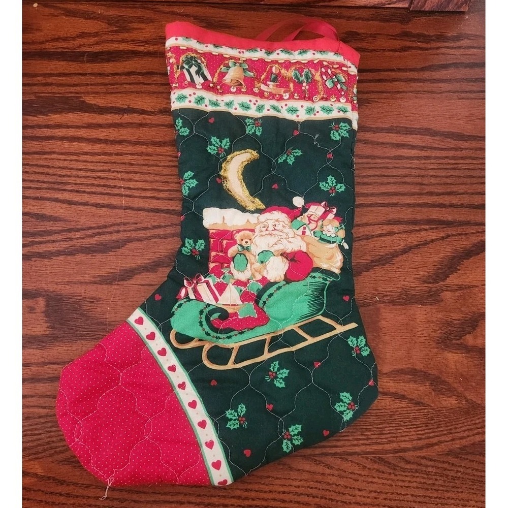 Vintage Cottage Core Handmade Christmas Stocking Red‎ Green Santa Quilted